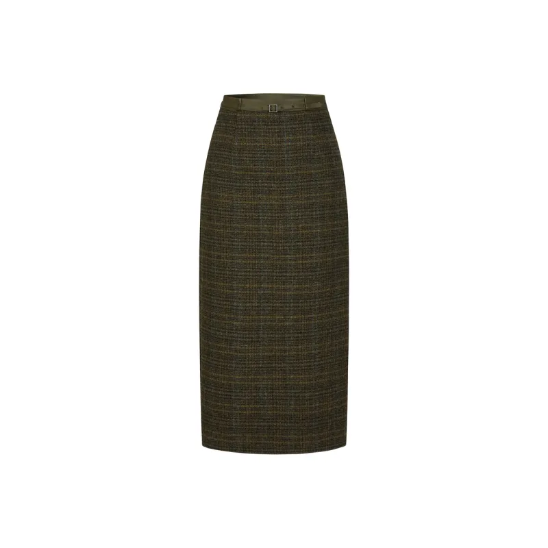 JZ. ANNAKRO Casual Long Skirts Women's Plaid Yellow Green-0