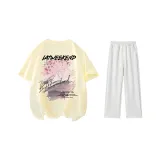 Clothing Sets (Beige Yellow T-Shirt+White Heather Gray Casual Pants)