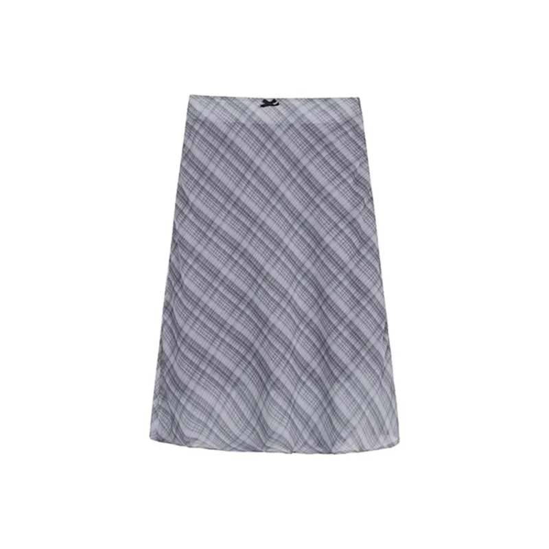PZGE Casual Long Skirt Women's Black Plaid-0
