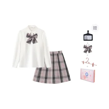 Tokyo Season Uniforms Women's Gift Box Set, White Shirt Loose Fit+Pink Girlish Frustration Short Skirt, Includes Bow Tie+Skirt Clip+Hanger Tag