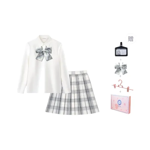 Tokyo Season Uniforms Women's Gift Box Set, White Shirt Loose Fit+Light Blue Astronaut, Comes With Bow Tie+Clip+Tag