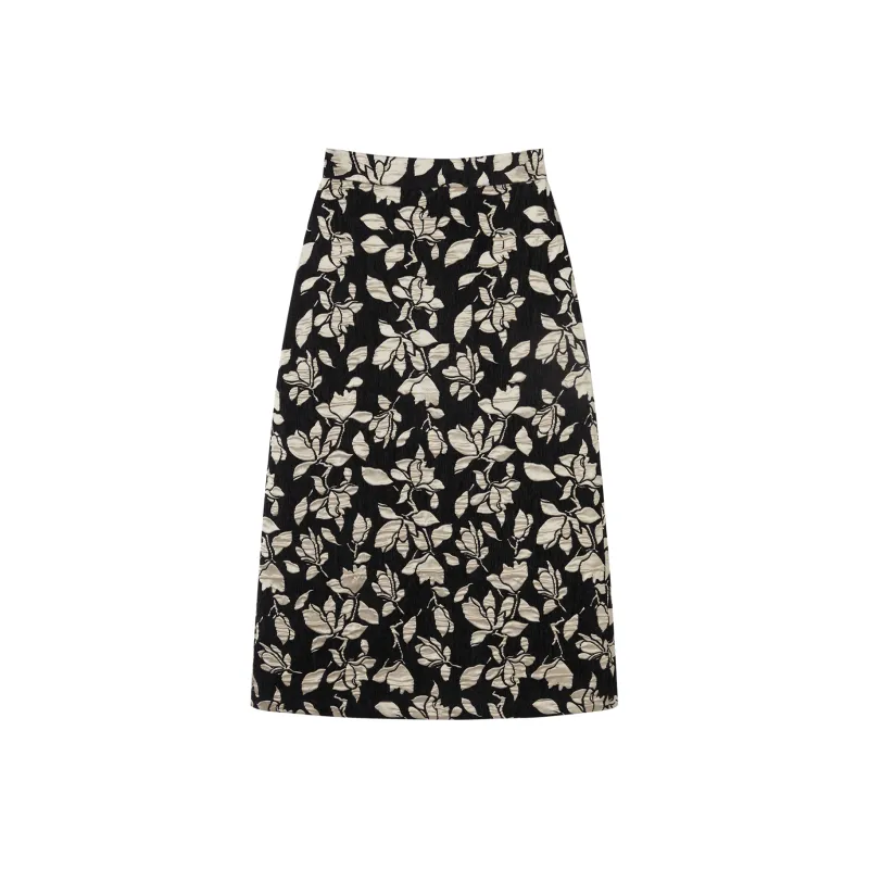 DIALOGUE Casual Long Skirts Women's Black Background Beige Jacquard-0