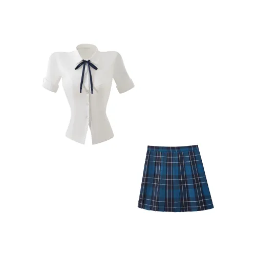 KAZAN Uniforms Women's Blue Three Piece Set White Cinched Waist Shirt+Blue And Black Pleated Skirt+Blue Bow Tie