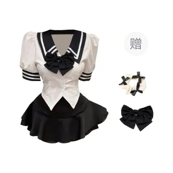 TURN UP Skirt Set Women's Black White Shirt+Pleated Skirt+Bowknot Hair Tie Bow Tie Comes With