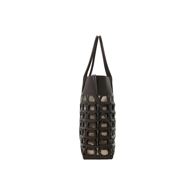 FERRAGAMO GANCINI Cow Leather Shoulder Bag Tubas Women's Black-1