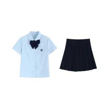 PZGE Uniforms Women's Clothing Set Blue Short Sleeved Shirt+Bowknot+Navy Skirt