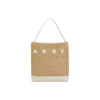 MARNI Museo Fabric With Cow Leather Handbag Medium Size Women's Natural