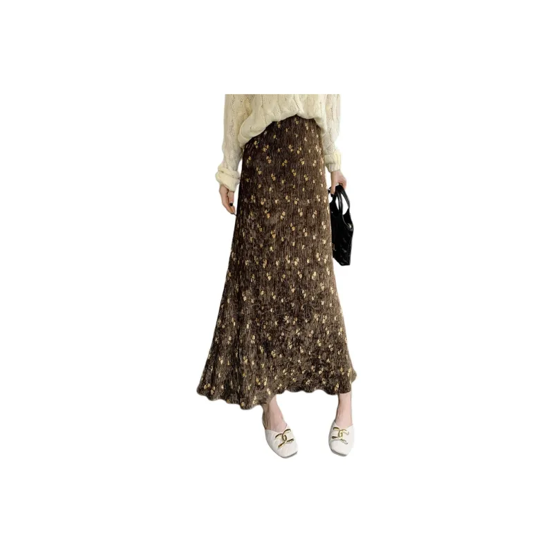 Wbwq Casual Long Skirts Women's Brown Base Floral-0