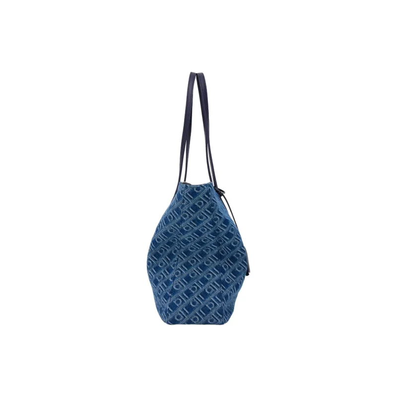 FERRAGAMO Fabric With Calfskin Tote Bag, Shopping Bag, Shoulder Bag Large Size Women's Denim Blue-1