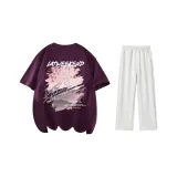 Clothing Set (Grape Purple T-Shirt+White Heather Gray Casual Pants)