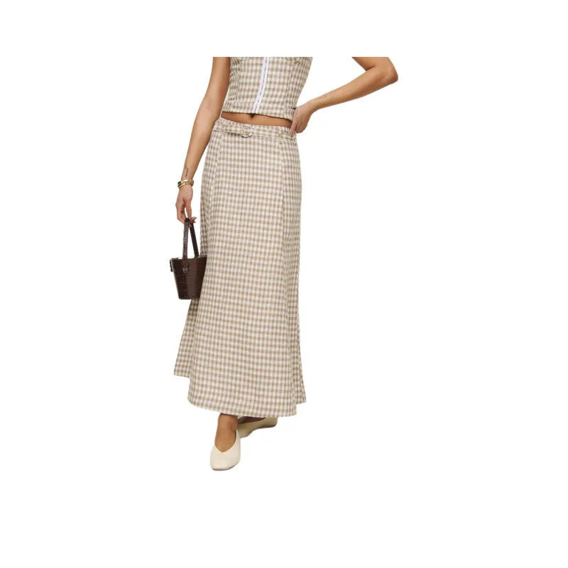 REFORMATION Chloe Linen Skirt Casual Long Skirt Women's Sand Dune Plaid-0