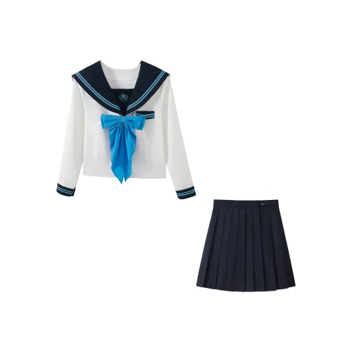 KAZAN Uniforms Women's Long Sleeved Navy Blue With Blue Collar, Raw White Body, Sailor Suit+Navy Blue Pleated Skirt+Blue Large Bow Tie