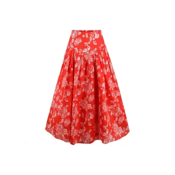 Selkie Collection SS25 Casual Long Skirts Women's Red Background With Rose Print