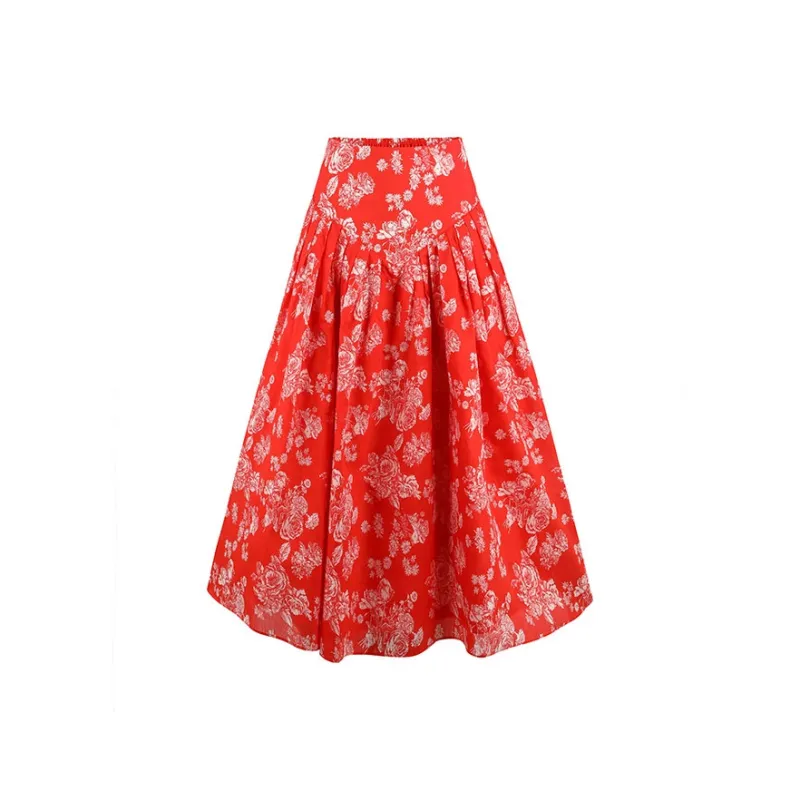 Selkie Collection SS25 Casual Long Skirts Women's Red Background With Rose Print-0