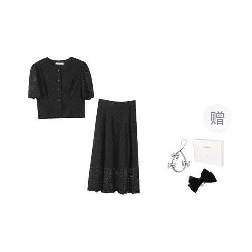 Fstudio Korean Style 100% Cotton Crew Neck Short Sleeved High Rise Skirt Set Women's