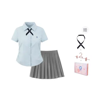Tokyo Season Uniform Women's Blue Short Sleeved Shirt/Gray Pleated Skirt, Includes Small Accessories+Hanger