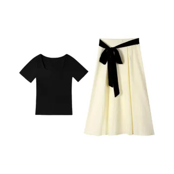 DOKZB Skirt Set Women's Black Top+Apricot Skirt