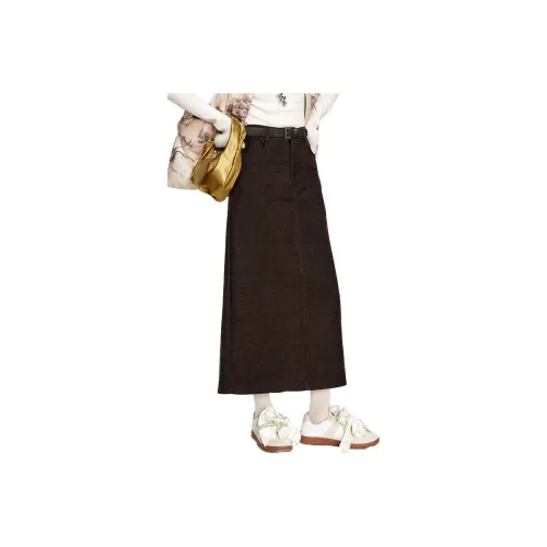 ELF SACK Casual Long Skirt Women's Vintage Coffee