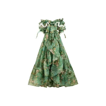 Selkie Collection x Bridgerton FW24 Evening Dress Women's Kate Green Print