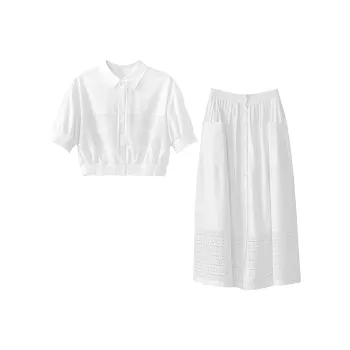 Fstudio Summer Cut Out Lace Cropped Shirt Skirt Set Women's White