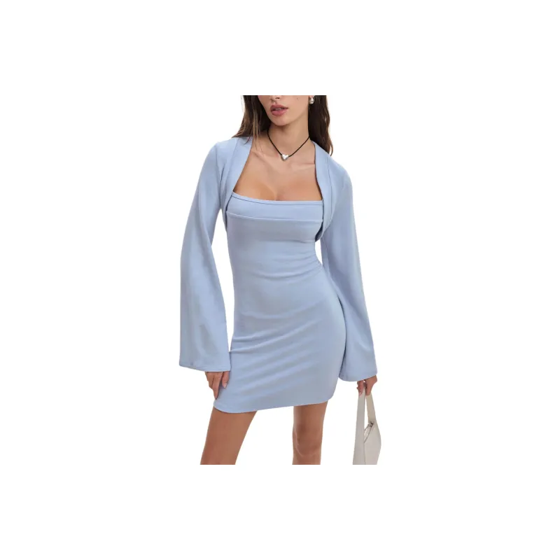 REFORMATION Chloe Knit Shrug Dress Set Skirt Set Women's Frost Blue-0