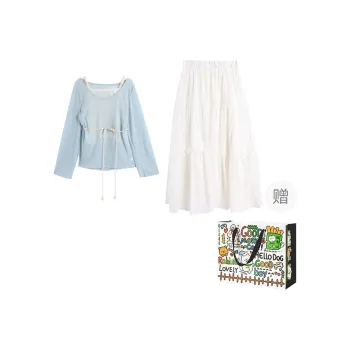 ZVJH Skirt Set Women's Mock Two Piece Top+White Skirt