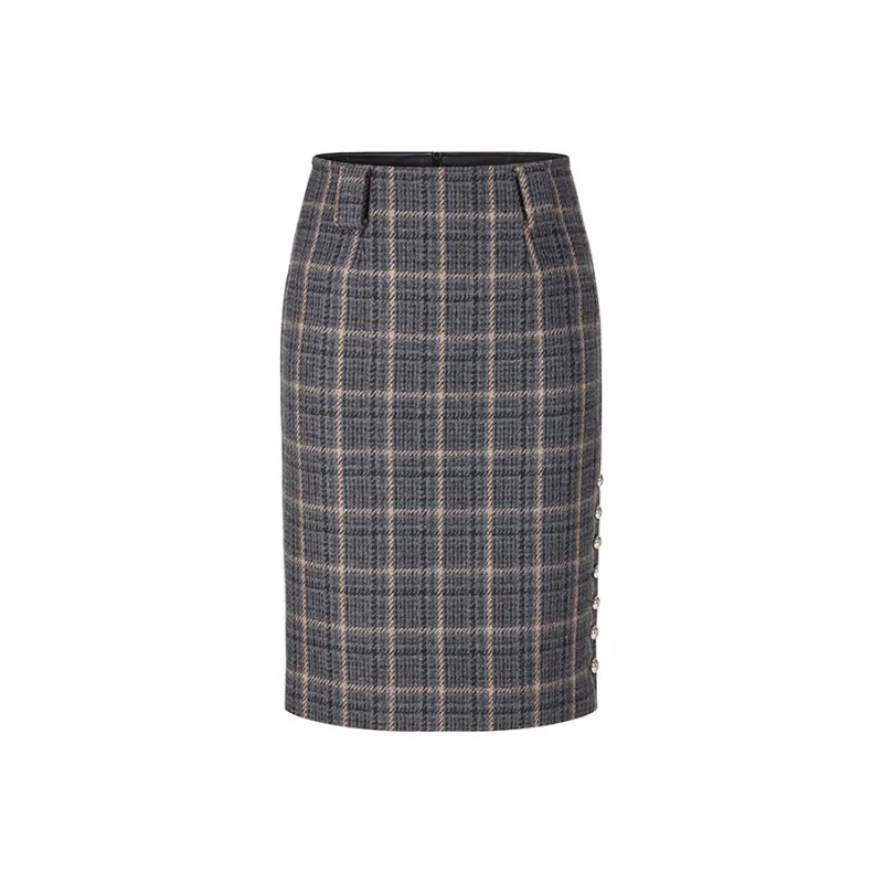 HERLIAN Casual Long Skirt Women's Gray Plaid-0