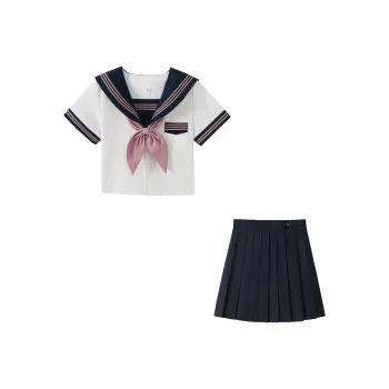KAZAN Uniform Women's Short Sleeved Pink & Navy Blue Sailor Suit Set With White Collar