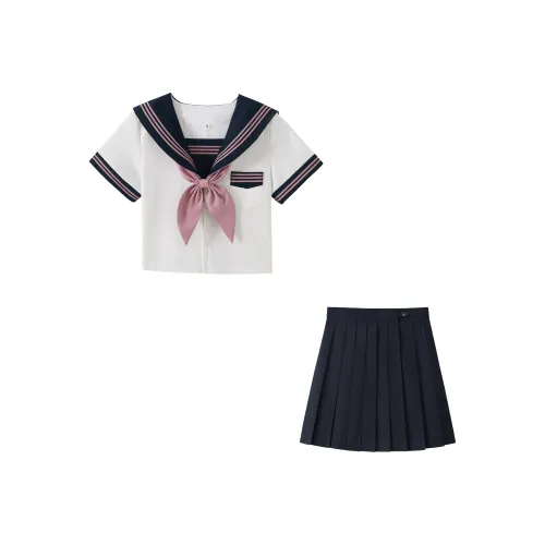 KAZAN Uniform Women's Short Sleeved Pink & Navy Blue Sailor Suit Set With White Collar
