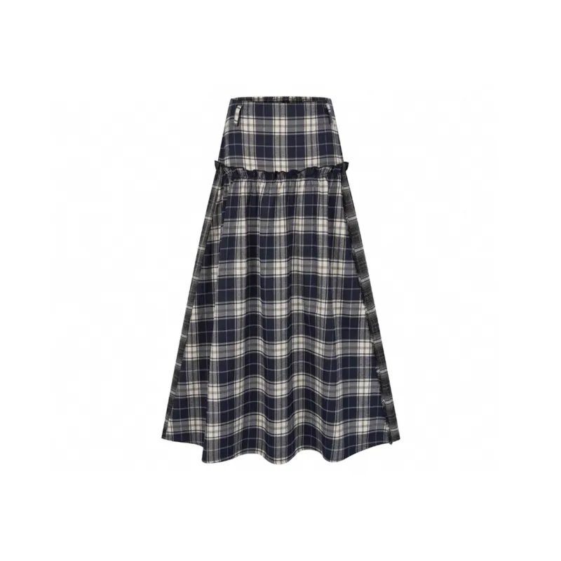 KODAKBLACK/KBLC Casual Long Skirt Women's Dark Blue Plaid-0