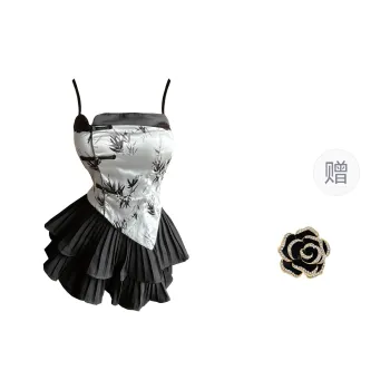 ONNFB Two Piece Skirt Sets Women's Chinese Style Camisole+Black Cake Skirt