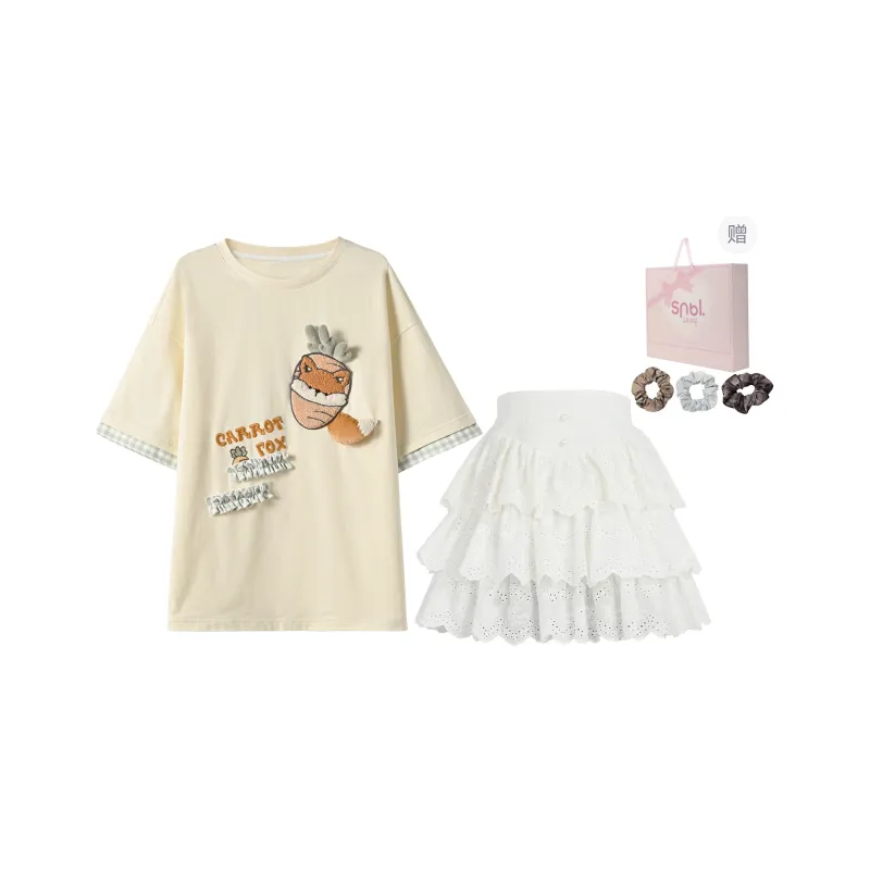 SNBL Skirt Set Women's Apricot T Shirt+White Skirt-0