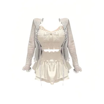 ONNFB Two Piece Skirt Sets Women's Blue Cardigan+White Puffy Skirt+Bowknot Camisole