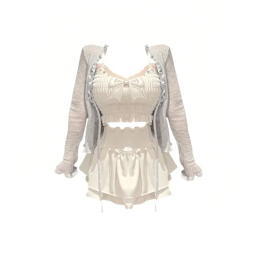 ONNFB Two Piece Skirt Sets Women's Blue Cardigan+White Puffy Skirt+Bowknot Camisole