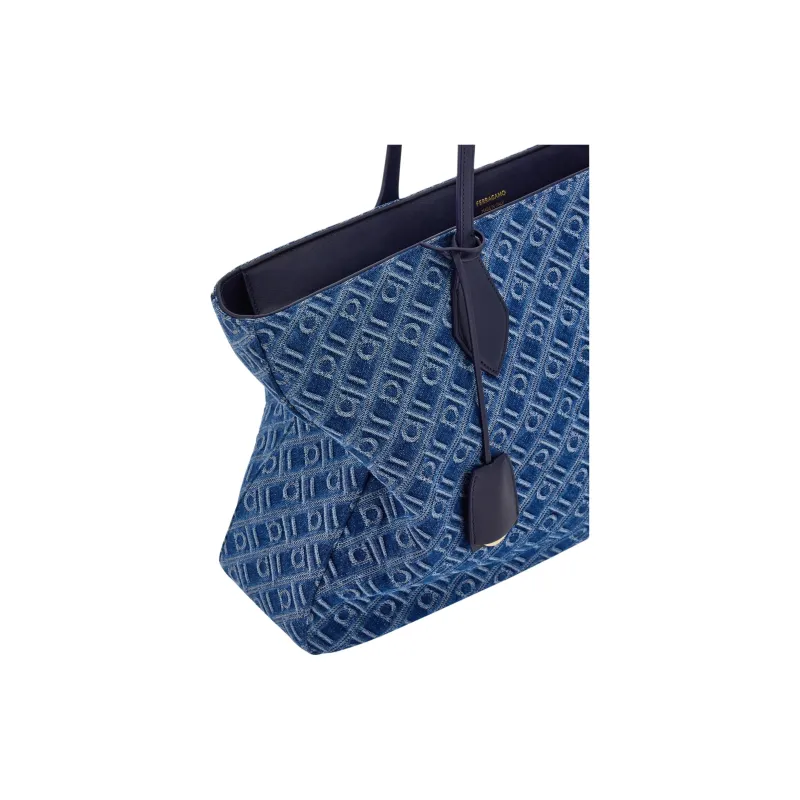 FERRAGAMO Fabric With Calfskin Tote Bag, Shopping Bag, Shoulder Bag Large Size Women's Denim Blue-3