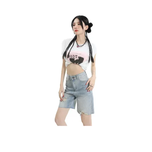 Kazakhstan Denim Shorts Women's Ripped Knee Length Jeans