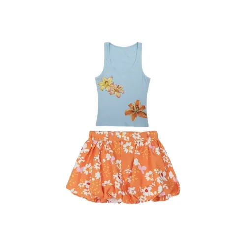 KYKW Skirt Set Women's Blue Top Orange Skirt
