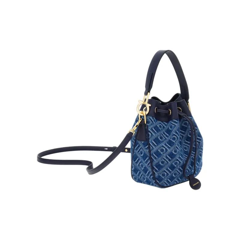 FERRAGAMO Fabric With Calfskin Bucket Bag, One Shoulder Handbag Women's Denim Blue-1