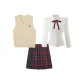 Yellow Four-Piece Set (Yellow Embroidery Vest+White Cinched Waist Shirt+Red and Blue Pleated Skirt+Red Bow Tie)