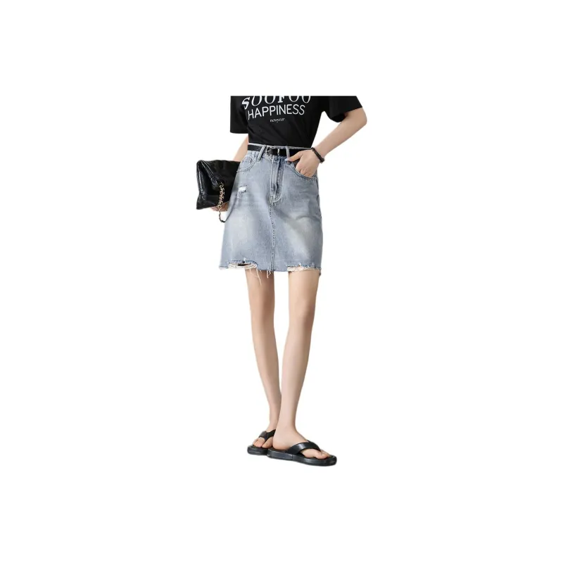 Mo Han Yi Mei SS24 Denim Short Skirts Women's Vintage Light Blue-0
