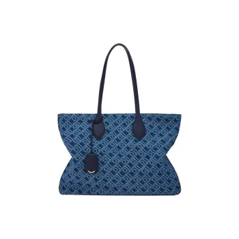 FERRAGAMO Fabric With Calfskin Tote Bag, Shopping Bag, Shoulder Bag Large Size Women's Denim Blue