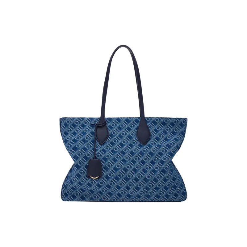FERRAGAMO Fabric With Calfskin Tote Bag, Shopping Bag, Shoulder Bag Large Size Women's Denim Blue-0