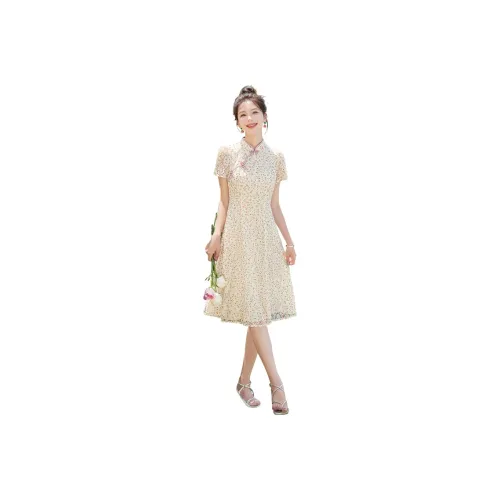 Cypress House Cheongsam Women's Beige With Orange Green Floral