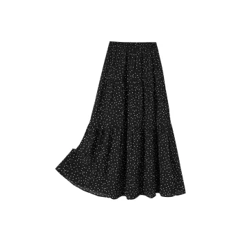 TOUCH Casual Long Skirts Women's Black Background With Polka Dots