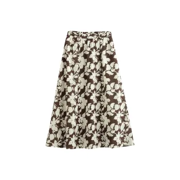 Initial Language Casual Long Skirts Women's White Coffee Flower