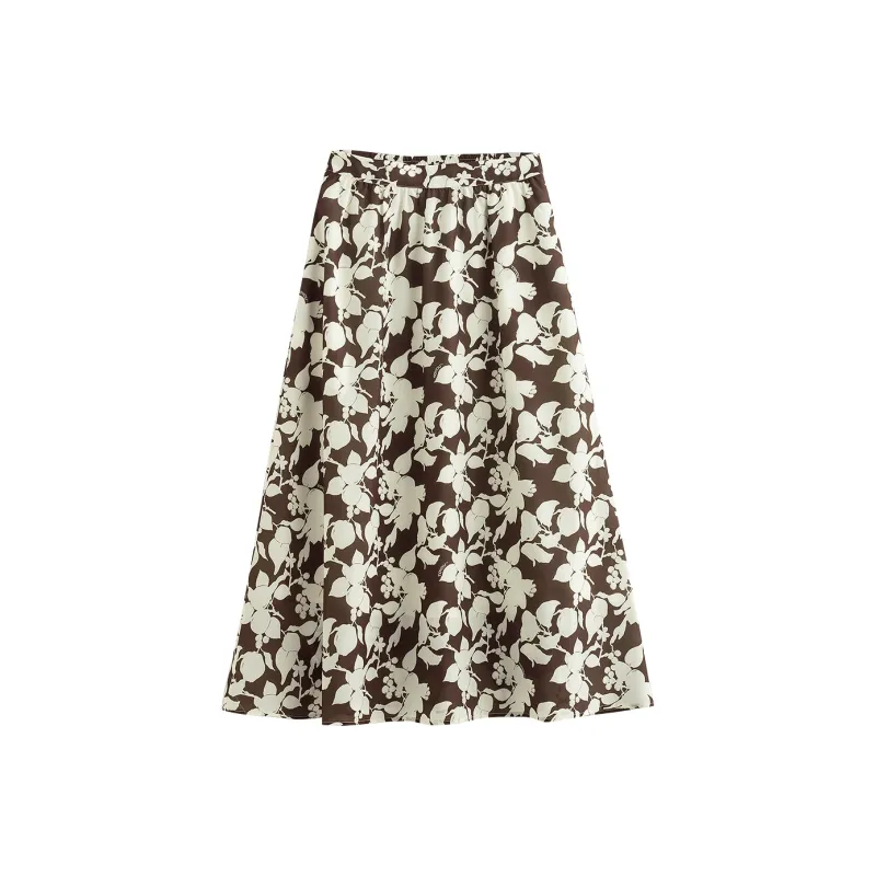 Initial Language Casual Long Skirts Women's White Coffee Flower-0
