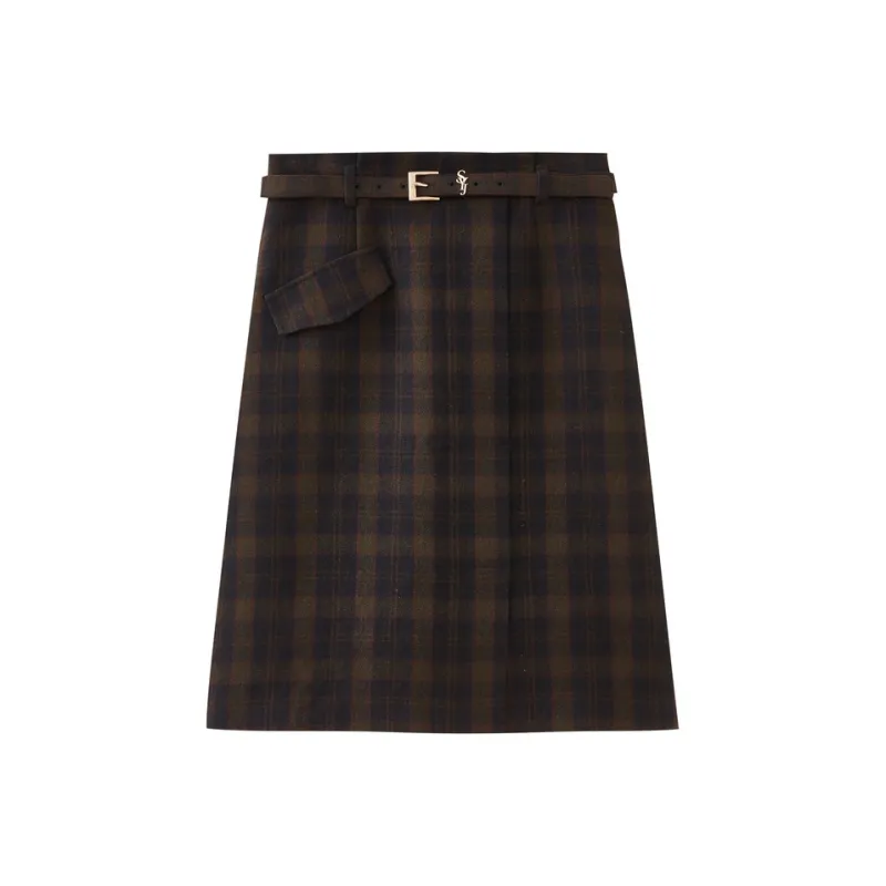 SHUIYUNJIAN Casual Long Skirts Women's Navy Blue Plaid-0