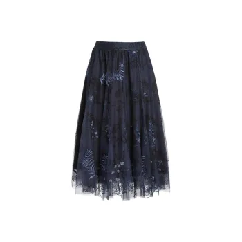 QIAOWANNI Casual Long Skirts Women's Midnight Garden Blue