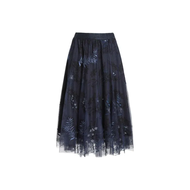 QIAOWANNI Casual Long Skirts Women's Midnight Garden Blue-0