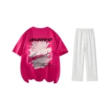 Clothing Set (Rose Red T-Shirt+White Heather Gray Casual Pants)